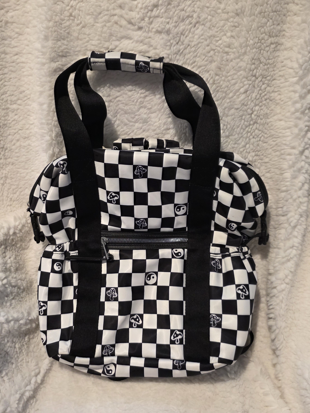 Like Dreams Black & White Checkered Mushroom Yin Yang Backpack